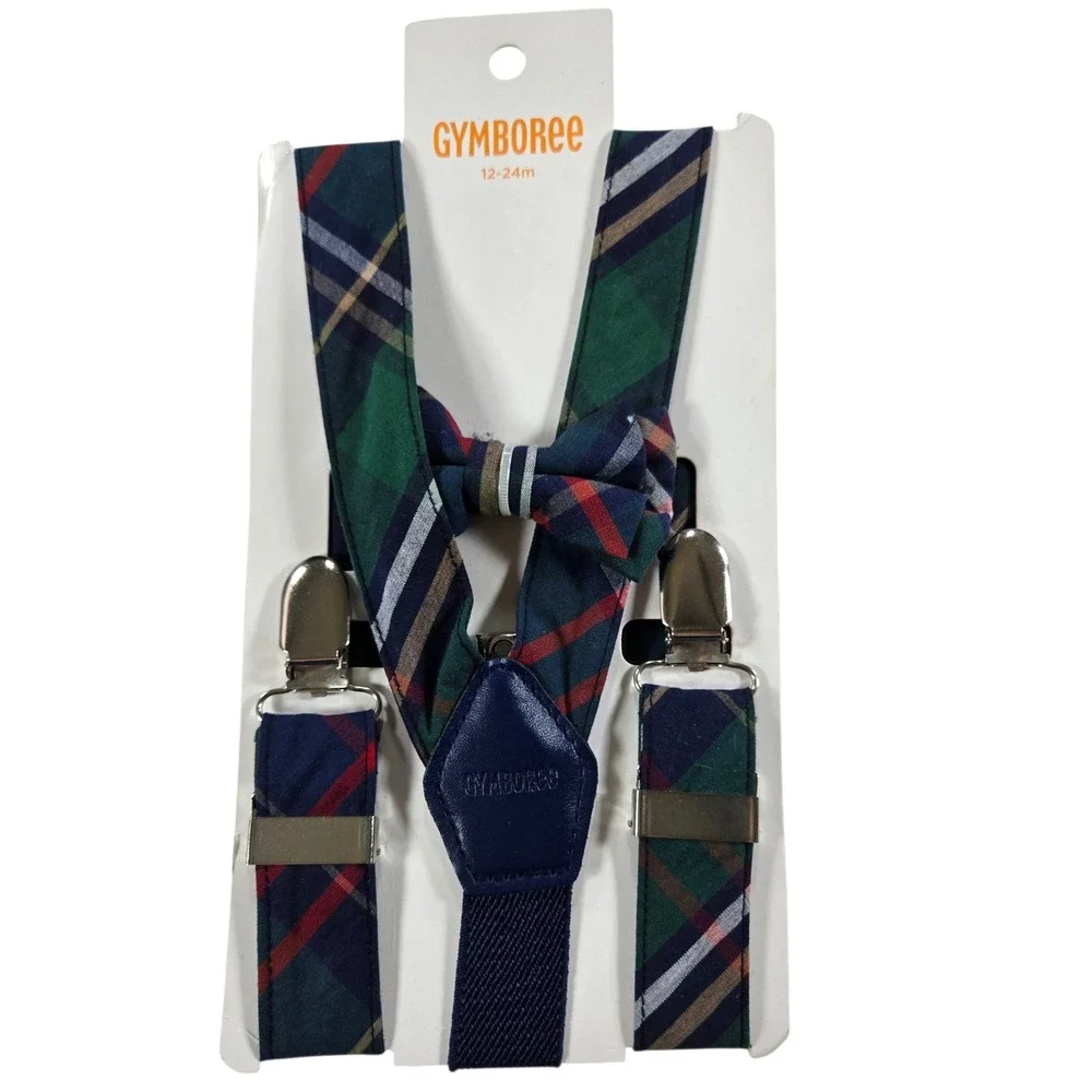 NEW Gymboree Toddler Boys Plaid Bow Tie and Suspenders Set Navy Green Red 12-24m